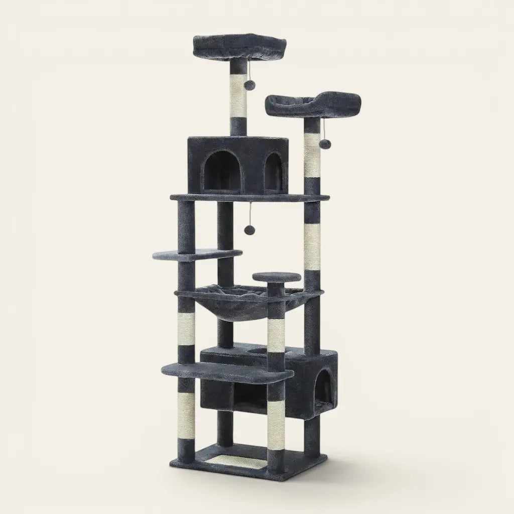 arbre à chat avec hamac gris foncé avec niches et plateformes pour chat intérieur avec une longue niche