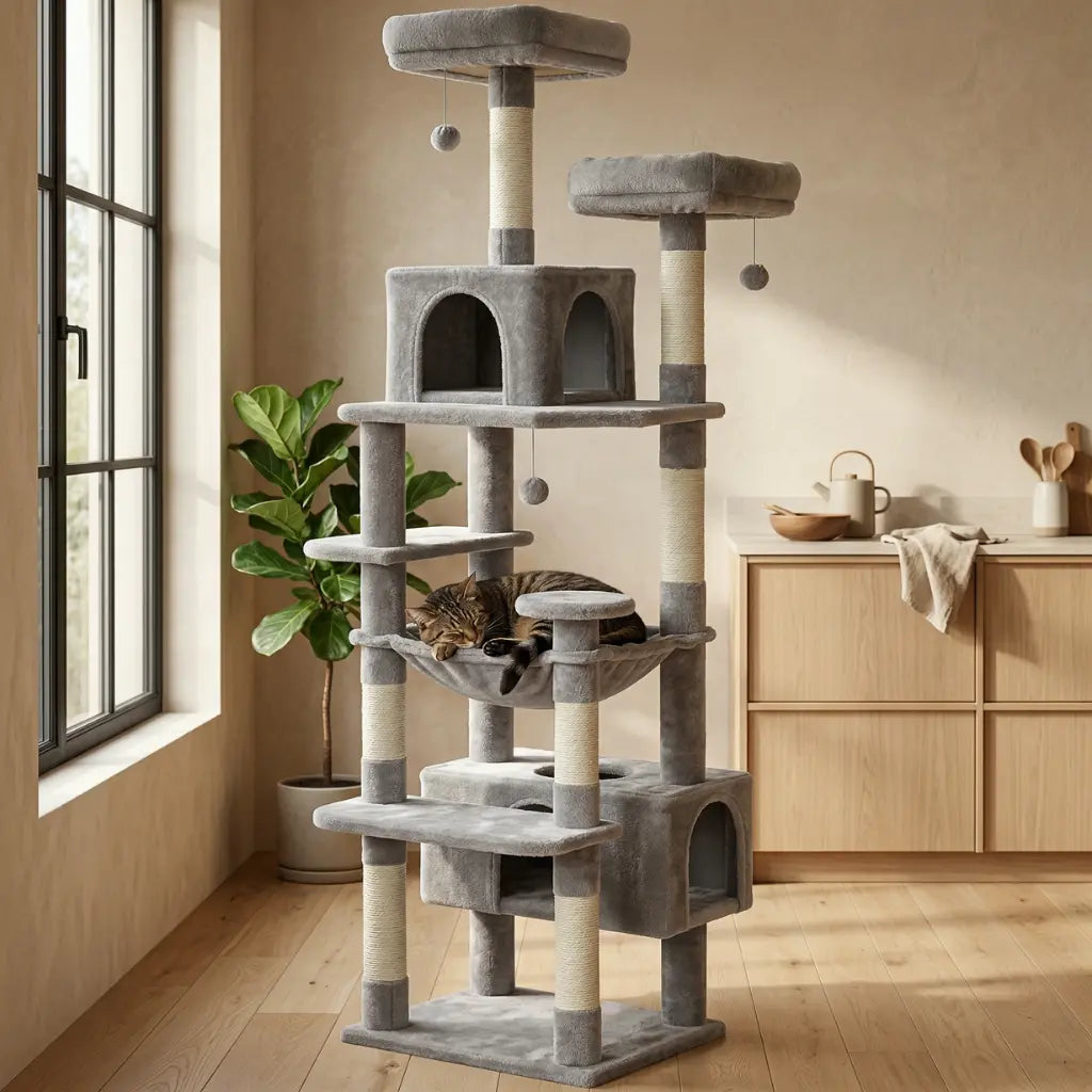 arbre à chat avec hamac gris et poteaux en sisal pour chat actif