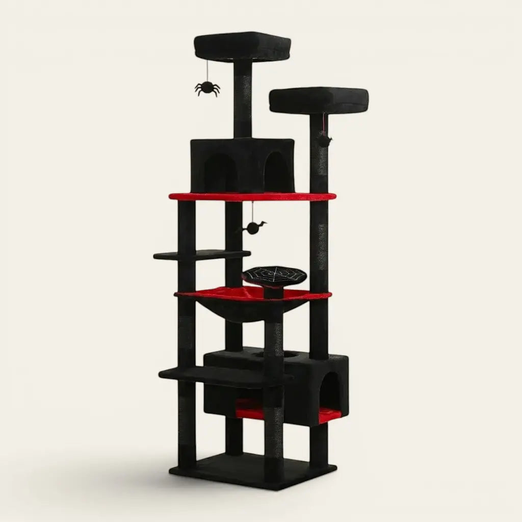 arbre à chat avec hamac noir et rouge avec niches et jouets suspendus pour chat