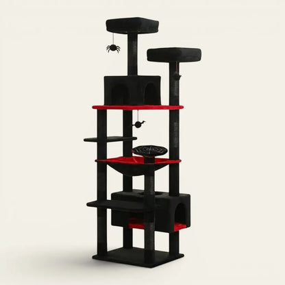 arbre à chat avec hamac noir et rouge avec niches et jouets suspendus pour chat