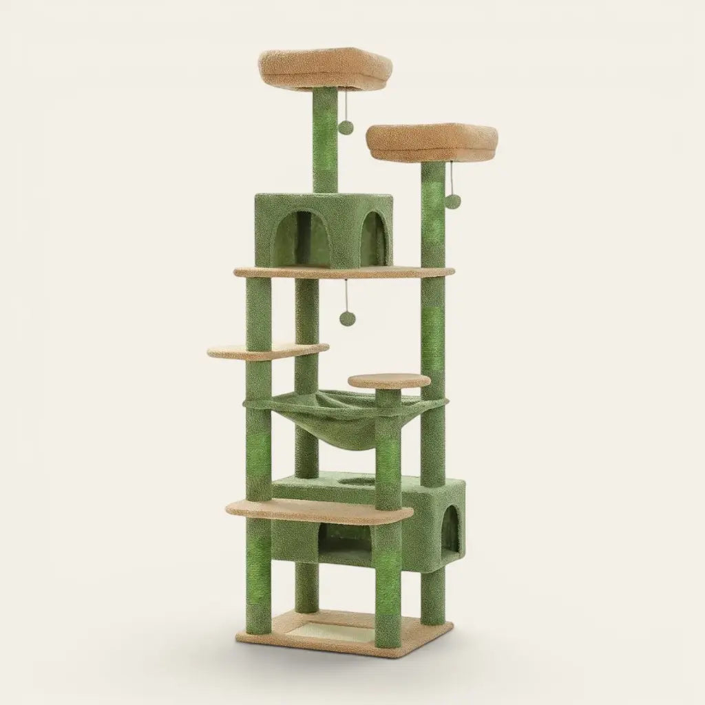 arbre à chat avec hamac vert avec plateformes et espace de repos pour chat