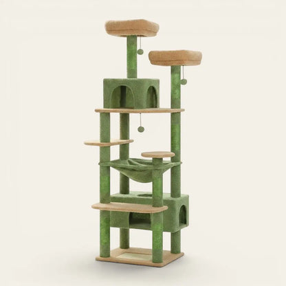 arbre à chat avec hamac vert avec plateformes et espace de repos pour chat
