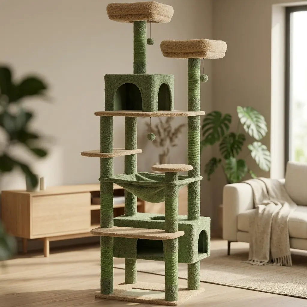 arbre à chat avec hamac vert et plateformes pour chat intérieur moderne