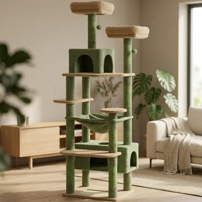 arbre à chat avec hamac vert et plateformes pour chat intérieur moderne