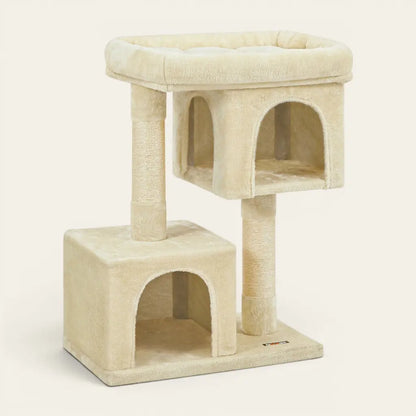 Arbre à chat avec niche beige équipé de poteaux en sisal