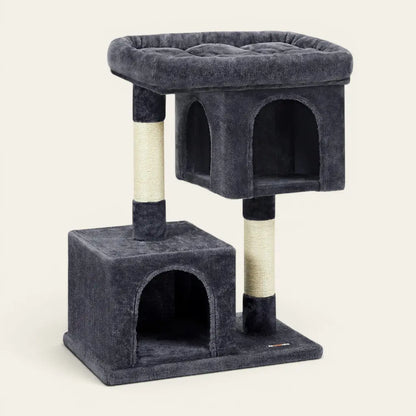 Arbre à chat avec niche gris foncé et espace de repos surélevé