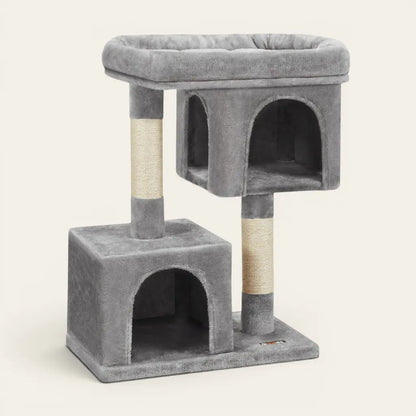 Arbre à chat avec niche gris à deux niveaux et couchage supérieur