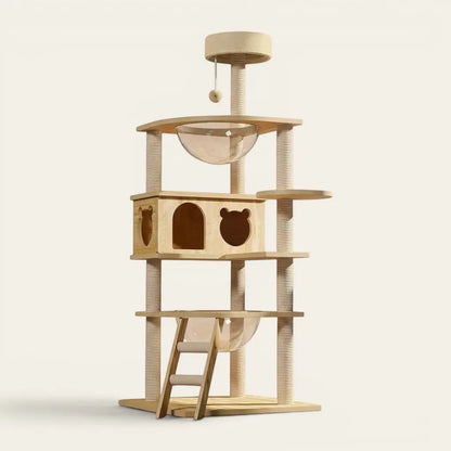 Arbre à chat beige bois premium avec couchage transparent en bulle, niche design et griffoirs en sisal pour chats curieux et actifs.