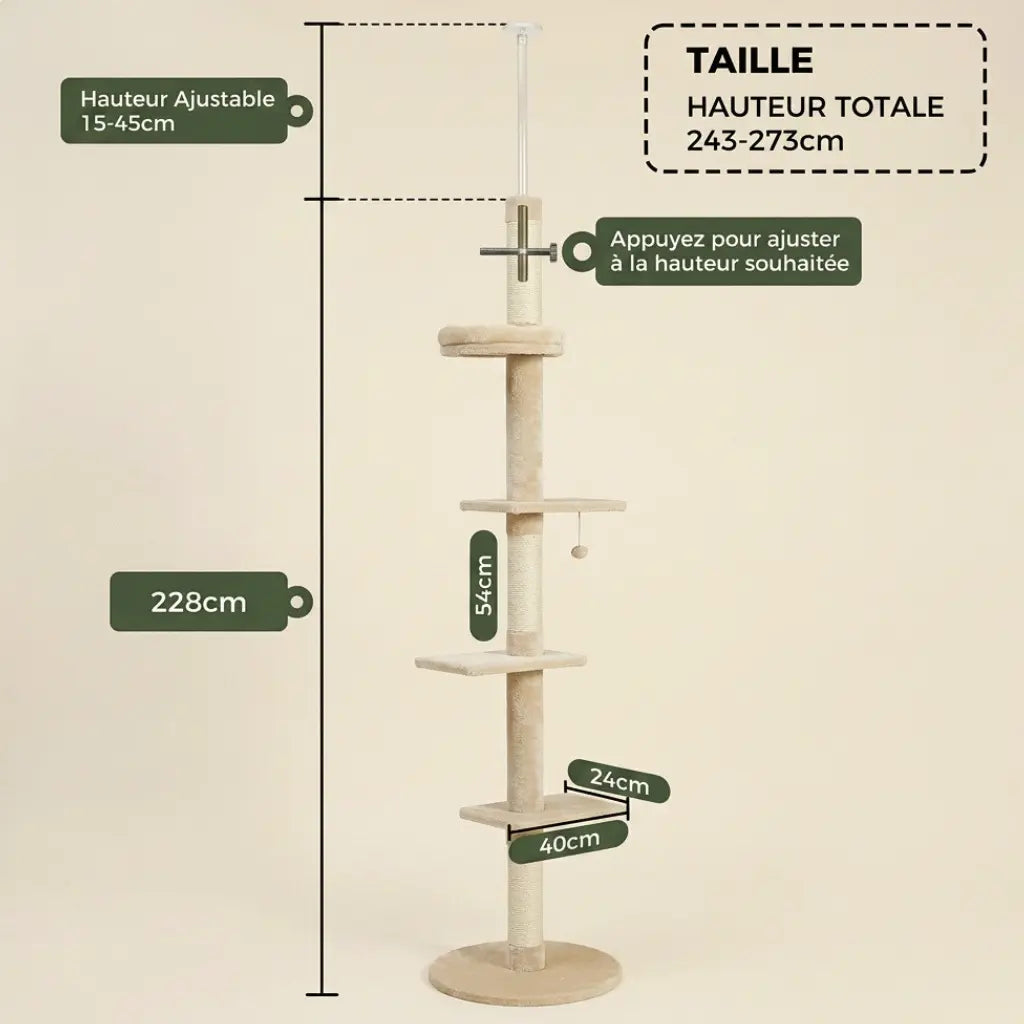 Arbre à chat beige design ajustable du sol au plafond avec plateformes d'observation pour chat d'intérieur