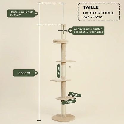 Arbre à chat beige design ajustable du sol au plafond avec plateformes d'observation pour chat d'intérieur