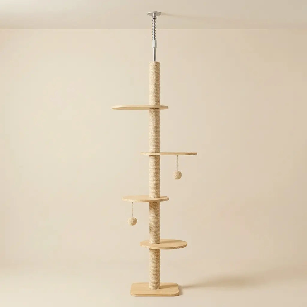 Arbre à chat beige design en bois naturel avec plateformes suspendues et poteaux en sisal