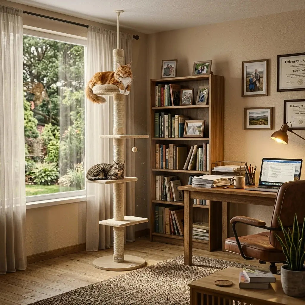 Arbre à chat beige design installé dans un bureau moderne avec couchages en hauteur pour chats