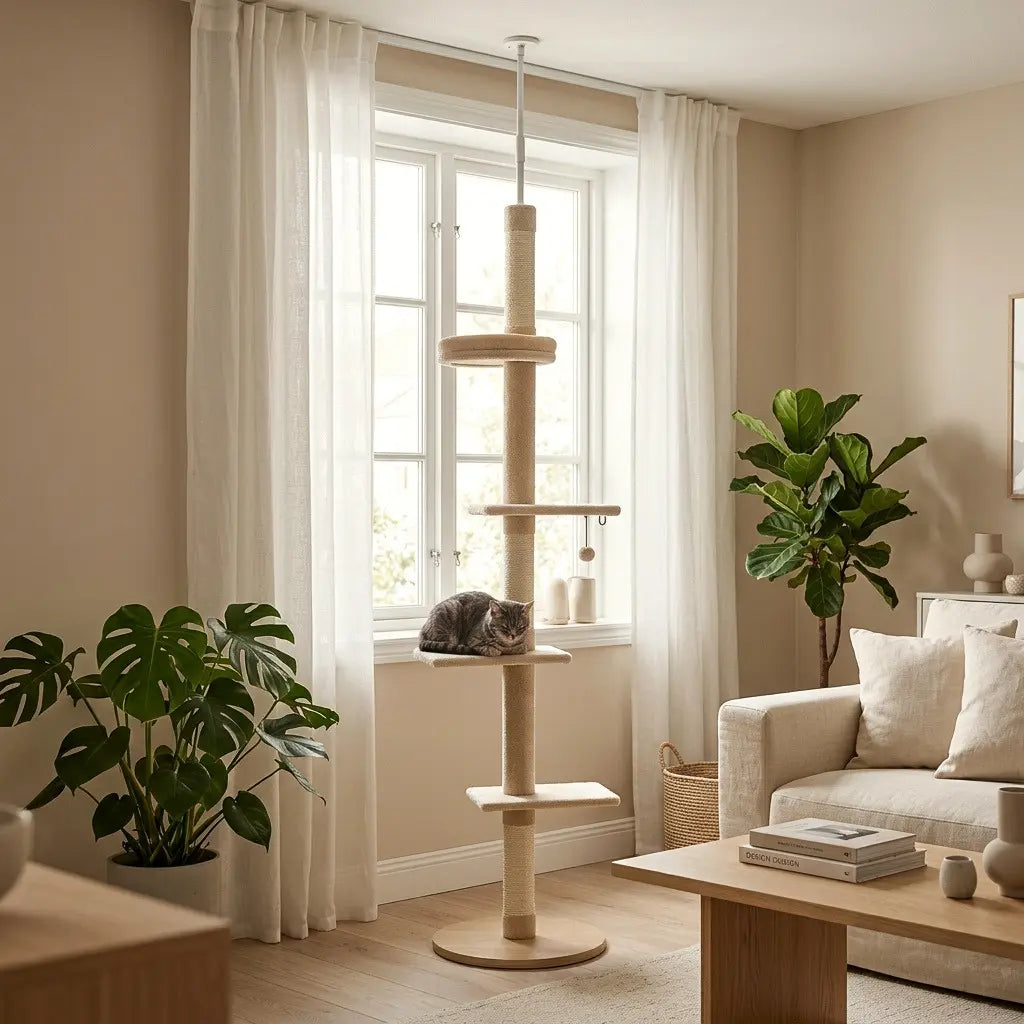 Arbre à chat beige design dans un salon contemporain avec plateforme de repos et structure gain de place