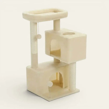 Arbre à chat beige moderne avec double niche intégrée, plateforme de repos surélevée et poteaux griffoirs en sisal pour chats d’intérieur.