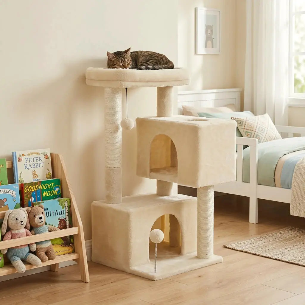 Arbre à chat beige moderne avec niches et plateforme de repos dans un intérieur lumineux, chat allongé sur le perchoir supérieur.