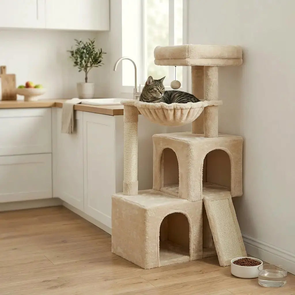 Arbre à chat beige moderne avec hamac suspendu et espaces de repos intégrés dans une cuisine au style scandinave.