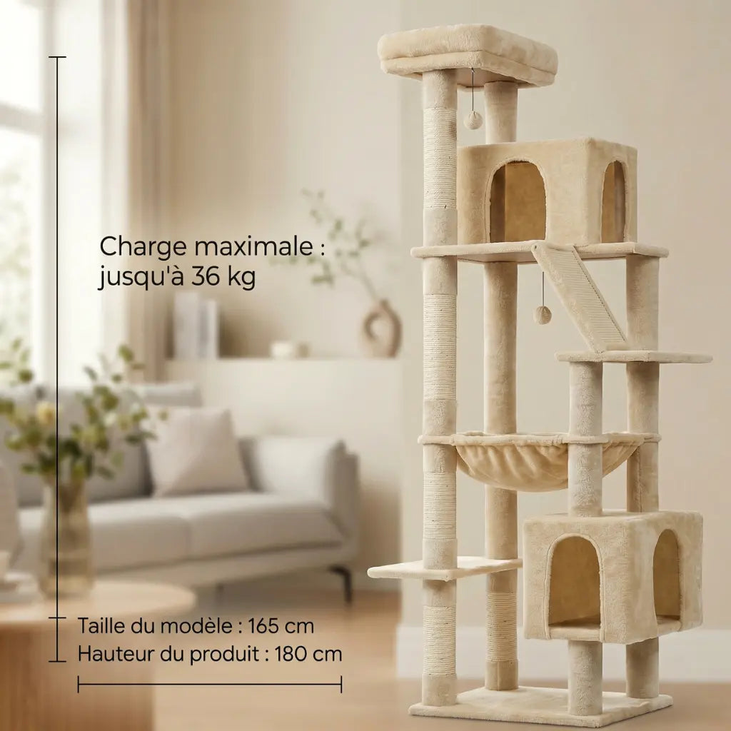 Arbre à chat beige stable avec structure renforcée supportant jusqu'à 36 kg pour chats de grande taille
