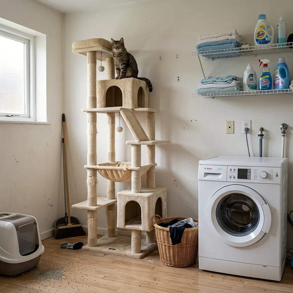 Arbre à chat beige stable installé dans une pièce de vie avec chat adulte pour démontrer sa robustesse