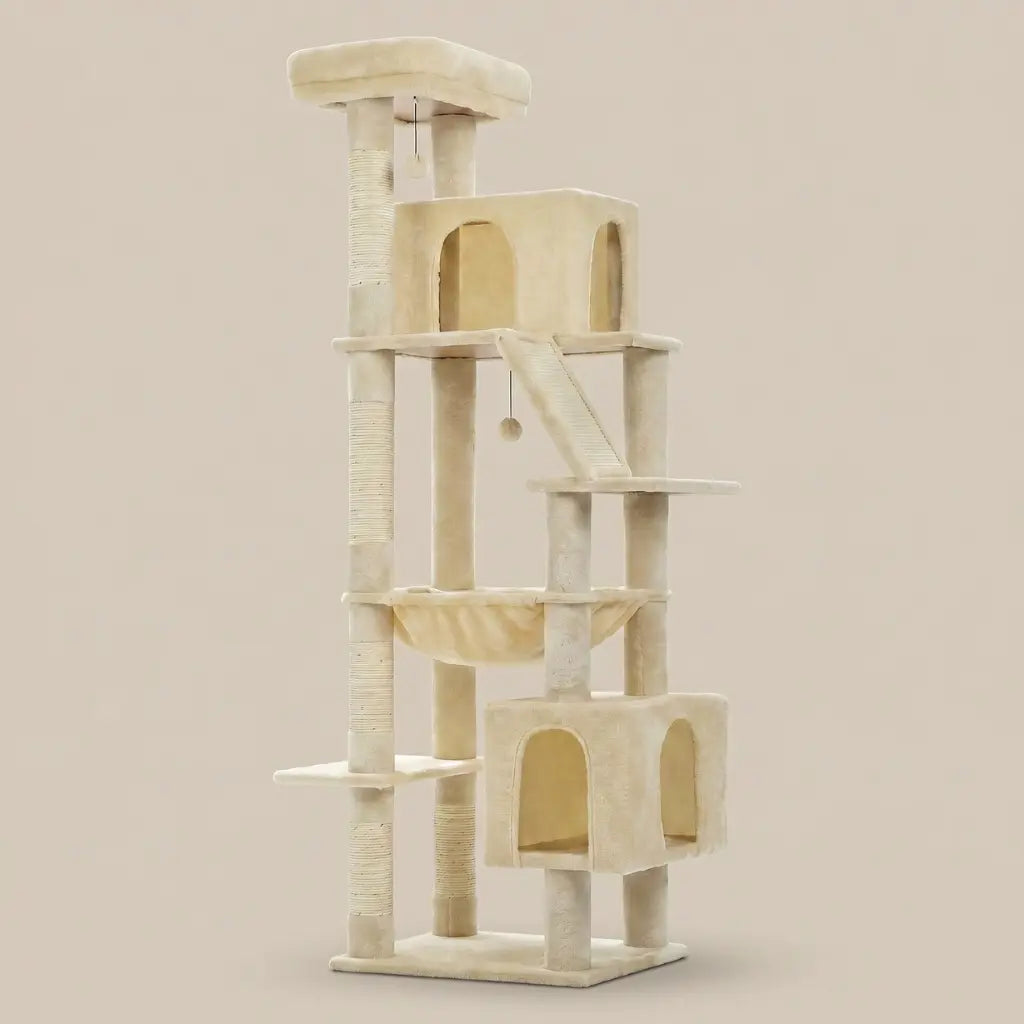 Arbre à chat beige stable avec niches, plateformes d'observation et poteaux en sisal naturel