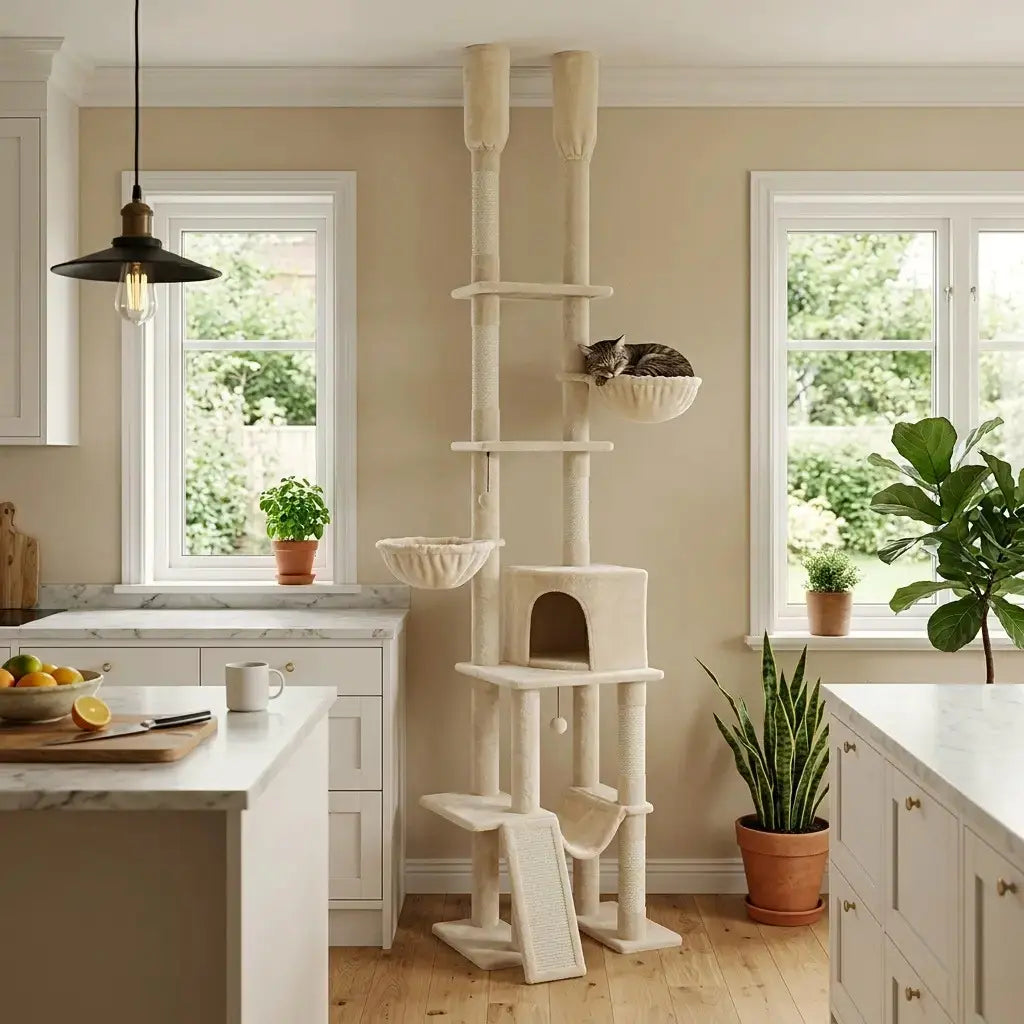 Grand arbre à chat beige XXL avec niche, hamacs et rampe d'accès installé dans une cuisine moderne et lumineuse.
