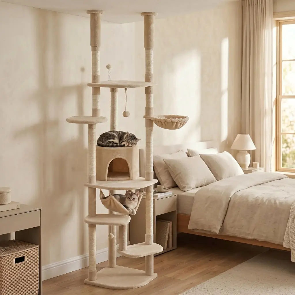 Arbre à chat beige XXL avec fixation du sol au plafond, plateformes multiples et hamac intégré dans une chambre lumineuse.