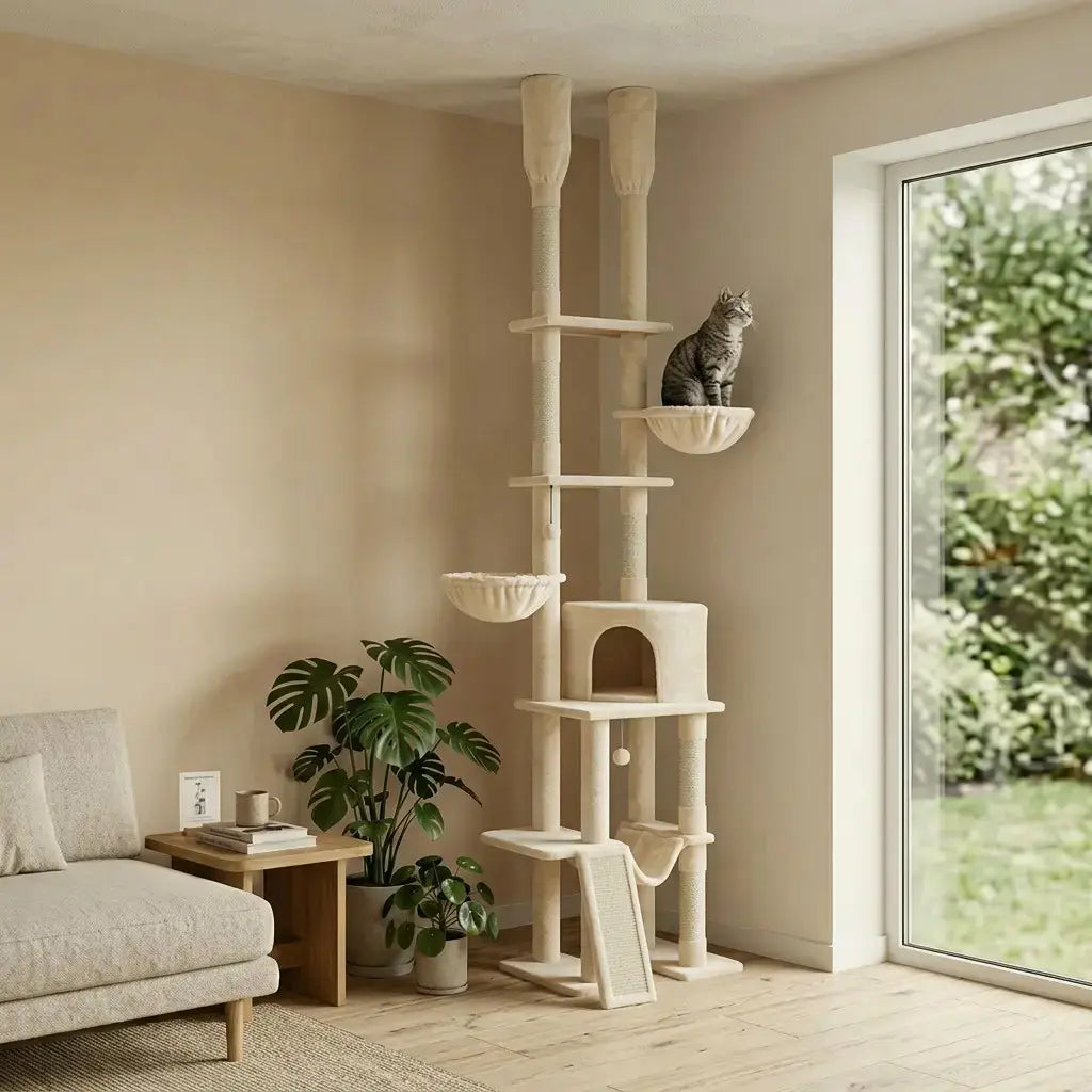 Arbre à chat beige XXL stable avec plusieurs niveaux, niche de repos et hamacs dans un salon au style naturel.