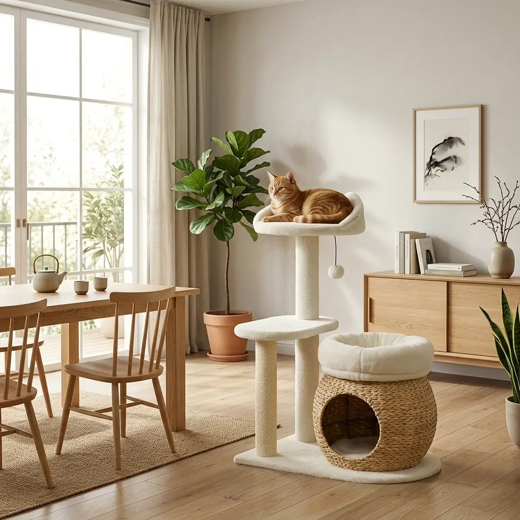 arbre à chat blanc design avec chat posé dessus dans un salon moderne