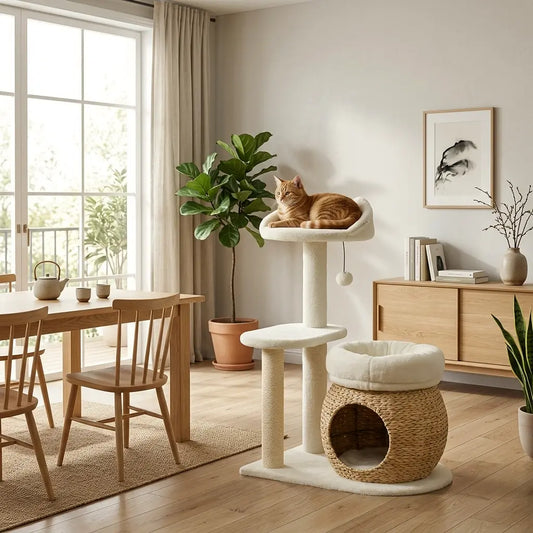 arbre à chat blanc design avec chat posé dessus dans un salon moderne