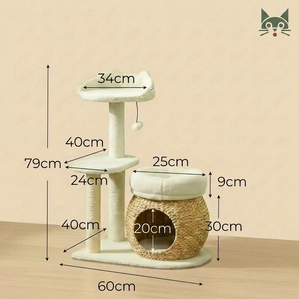 arbre à chat blanc compact avec dimensions détaillées niche et plateforme pour chat intérieur