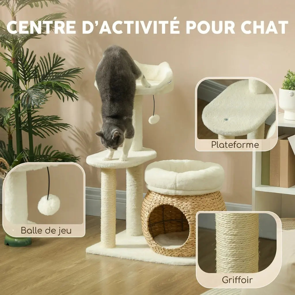 arbre à chat blanc avec griffoir plateforme et balle de jeu pour chat actif