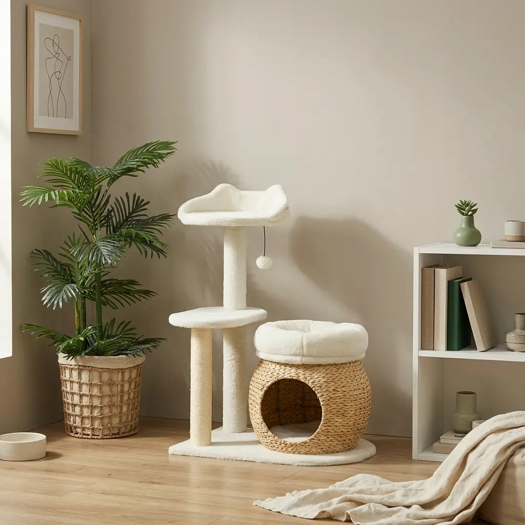 arbre à chat blanc compact avec niche et plateforme dans un intérieur minimaliste