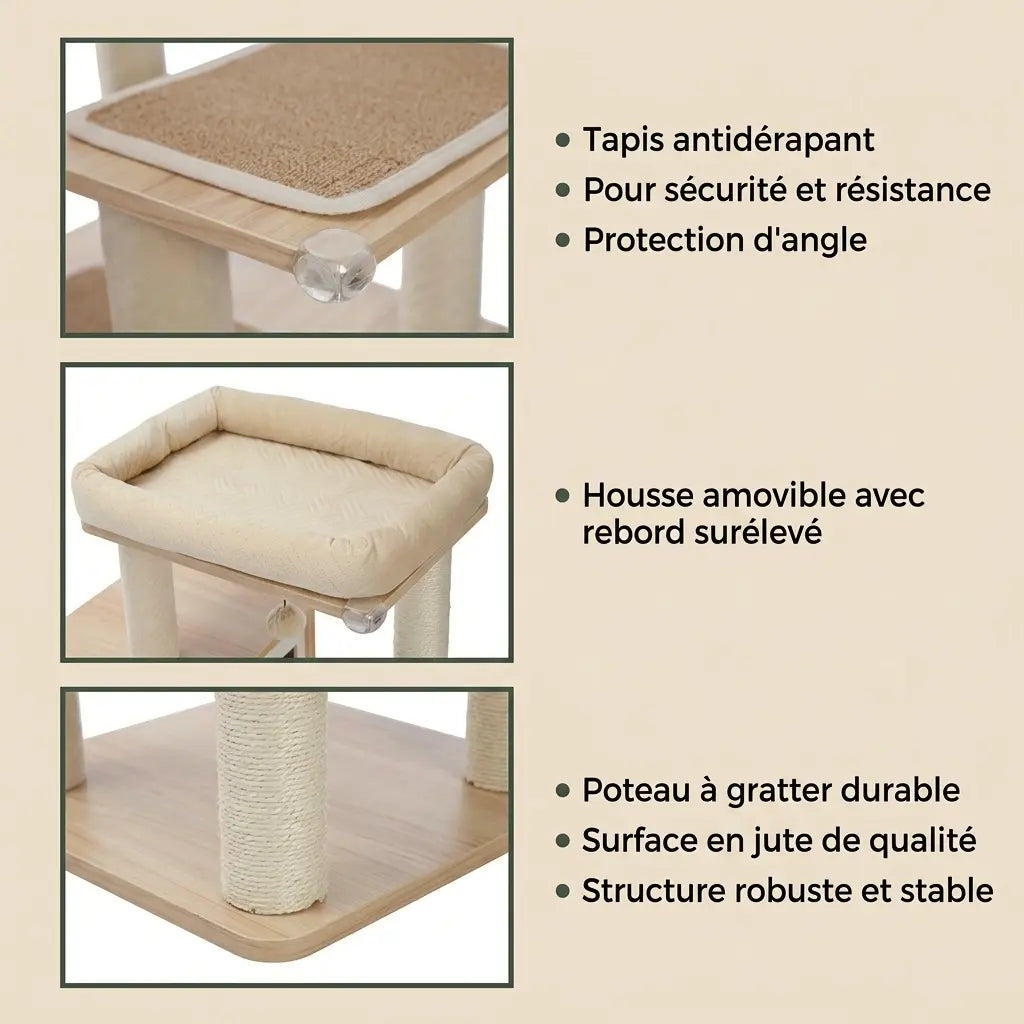 arbre à chat en bois avec poteaux en sisal naturel structure stable et tapis antidérapant