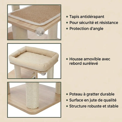 arbre à chat en bois avec poteaux en sisal naturel structure stable et tapis antidérapant