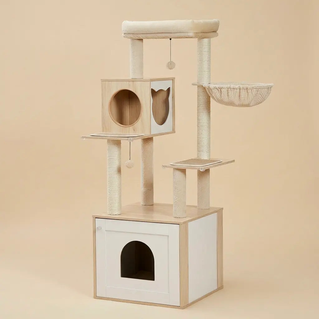 arbre à chat en bois clair avec niche intégrée et couchage confortable pour chat