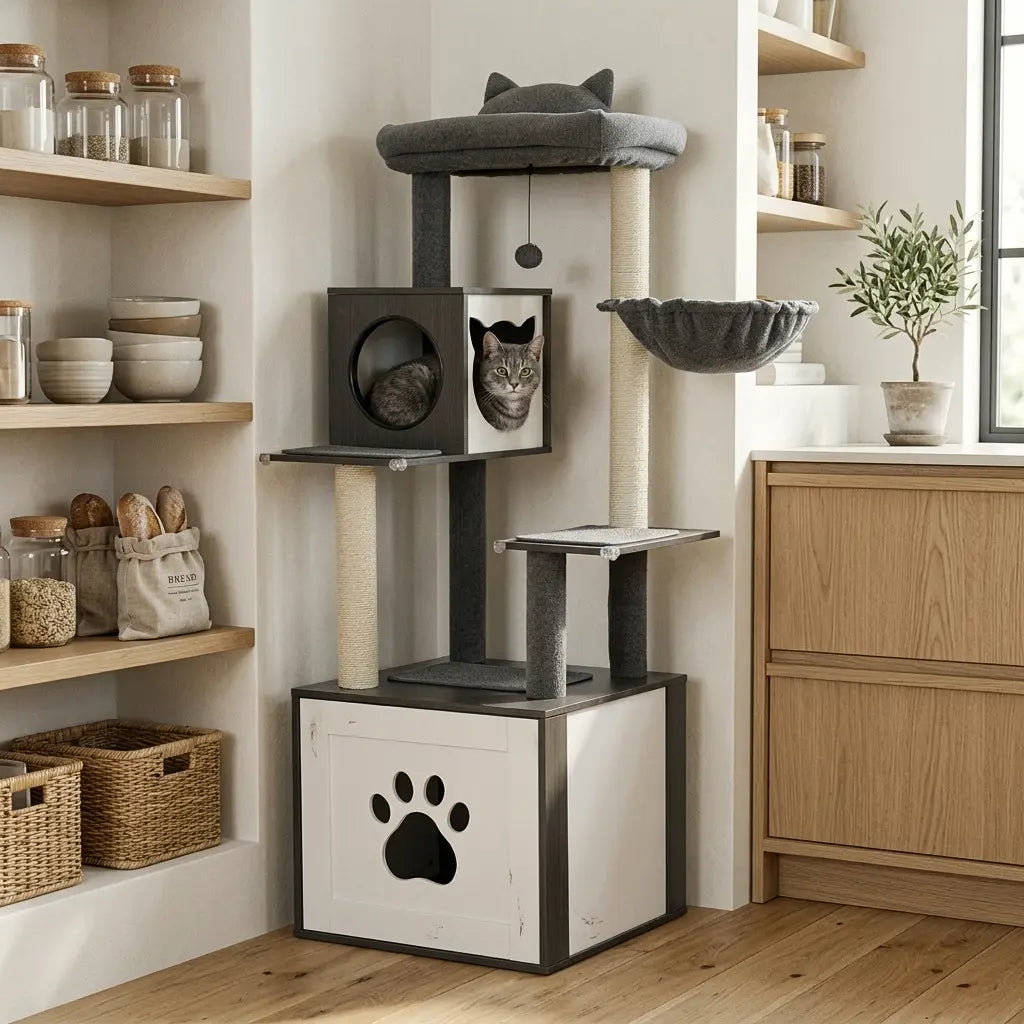 arbre à chat en bois design intégré dans une cuisine moderne avec espace repos pour chat