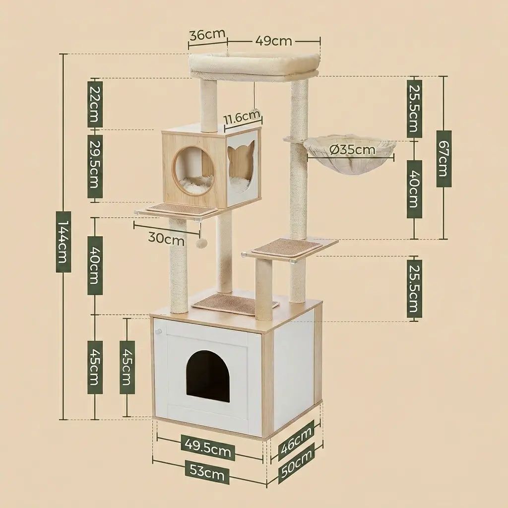 dimensions arbre à chat en bois avec meuble intégré et plateforme surélevée