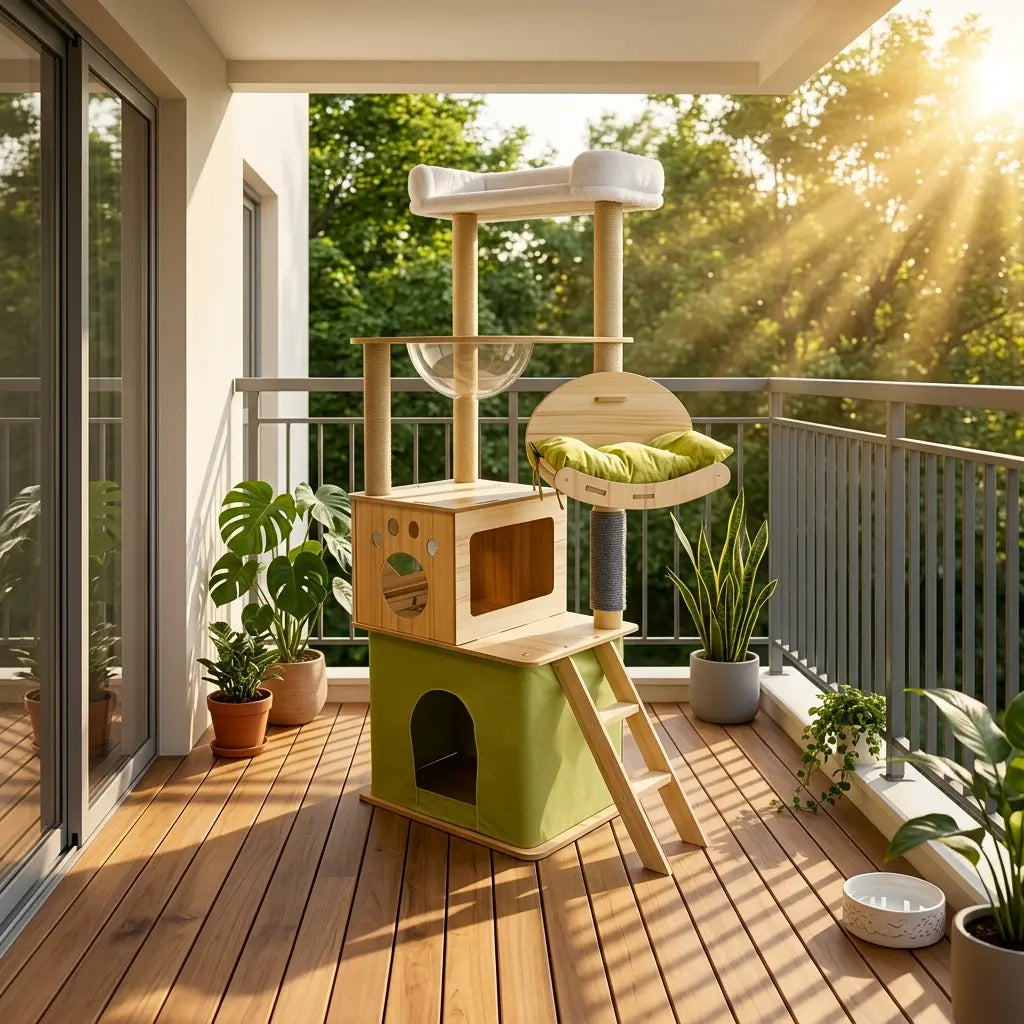 arbre à chat en bois flotté design naturel installé sur balcon pour chat