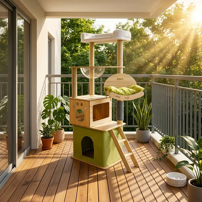 arbre à chat en bois flotté design naturel installé sur balcon pour chat