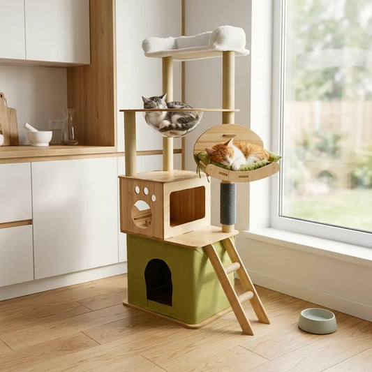 arbre à chat en bois flotté pour plusieurs chats avec plateformes et panier