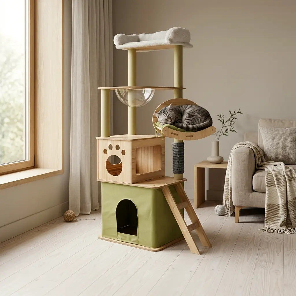 arbre à chat en bois flotté avec couchage confortable dans un salon moderne