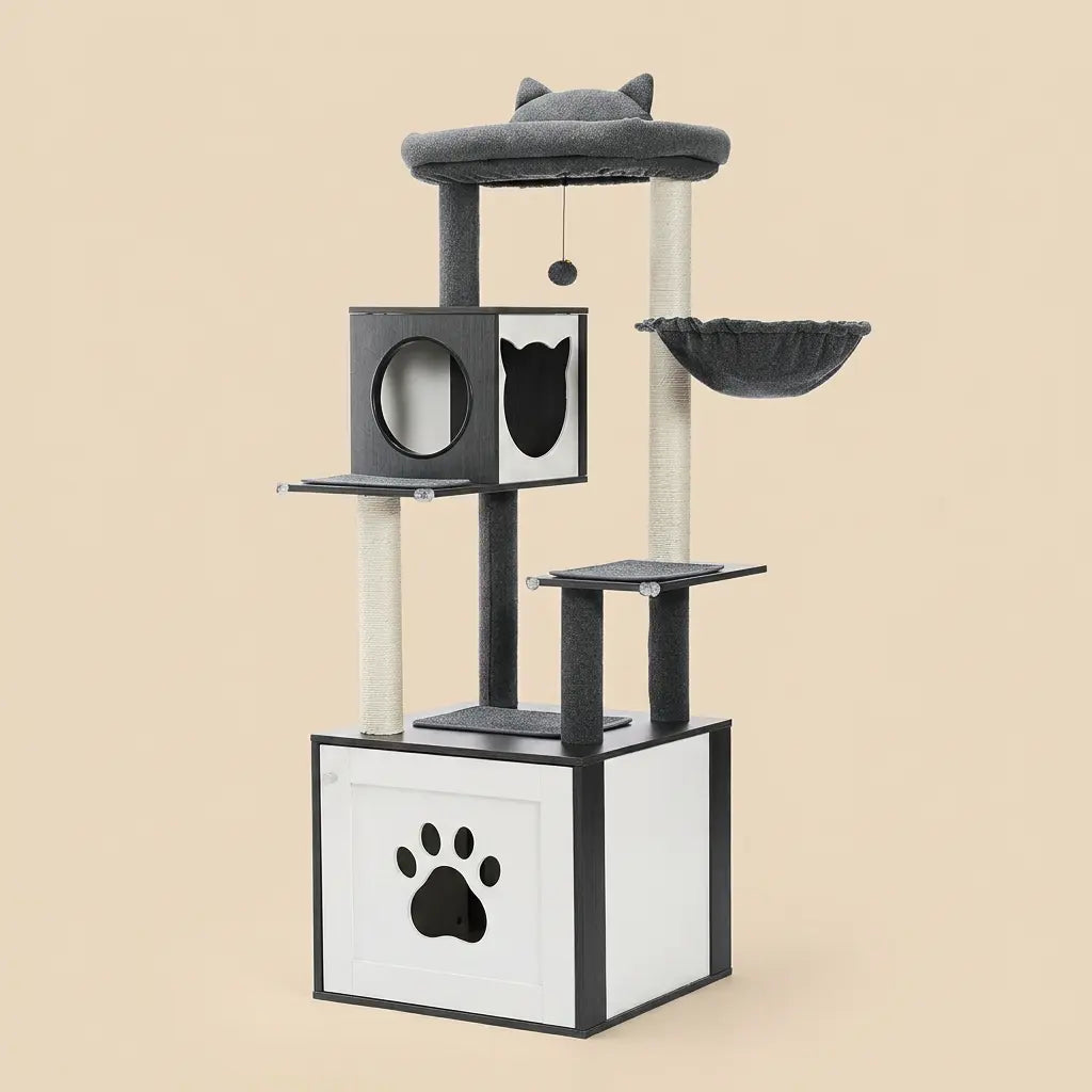 arbre à chat en bois gris design moderne avec niche et plateformes pour chat