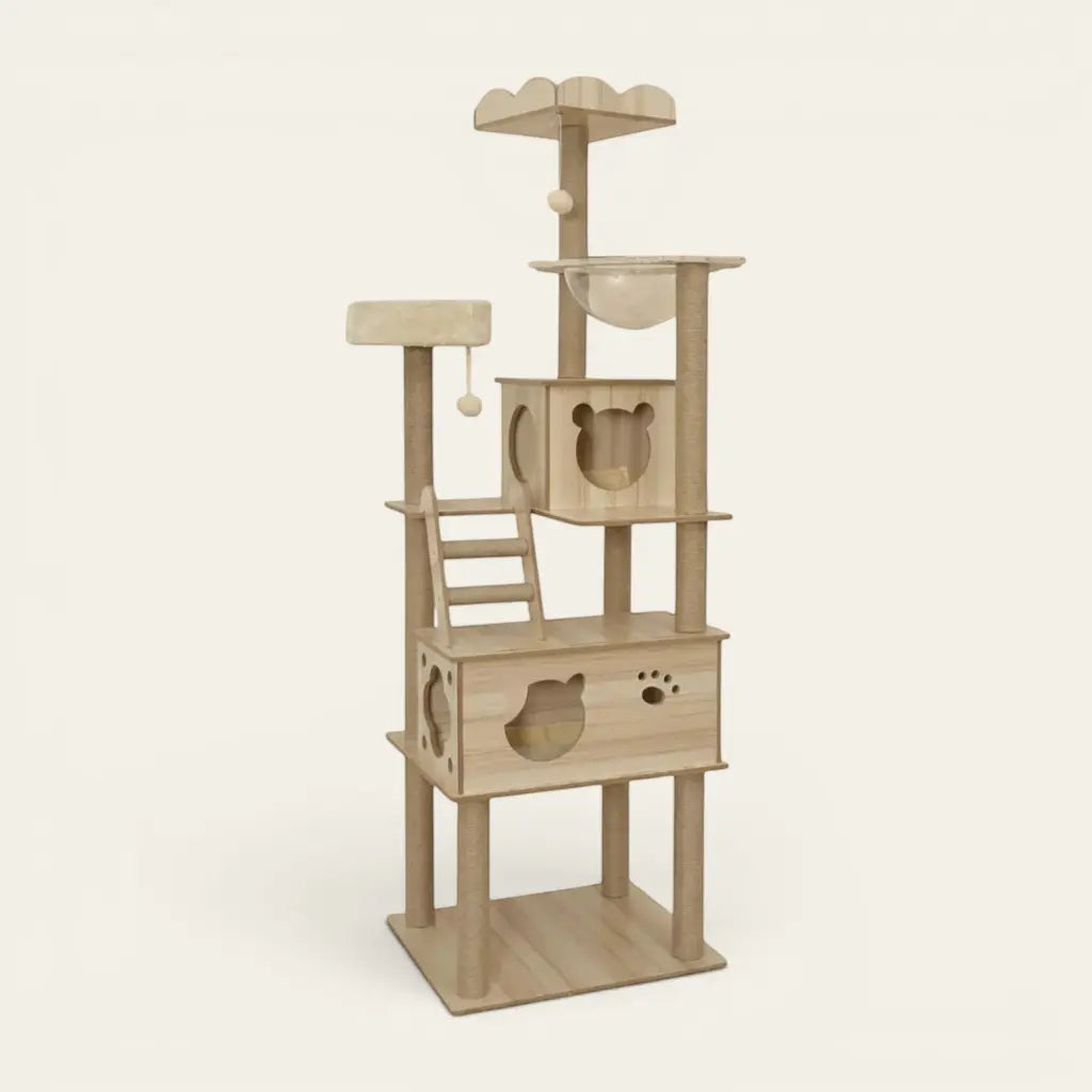 Arbre à chat haut en bois avec deux niches fermées, plateformes d’observation et griffoirs en sisal pour favoriser le jeu et le repos.