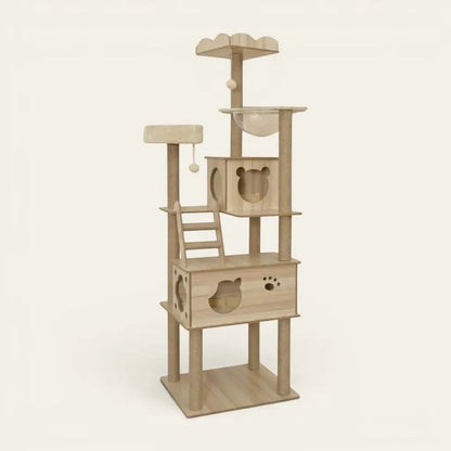 Arbre à chat en bois massif avec deux niches fermées, bulle transparente, échelle d’accès, plateformes d’escalade et poteaux griffoirs robustes.