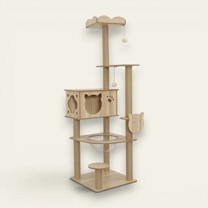 Arbre à chat en bois massif avec niche confortable, hamac suspendu, rampe d’accès, plateformes surélevées et poteaux griffoirs pour le jeu et le repos.