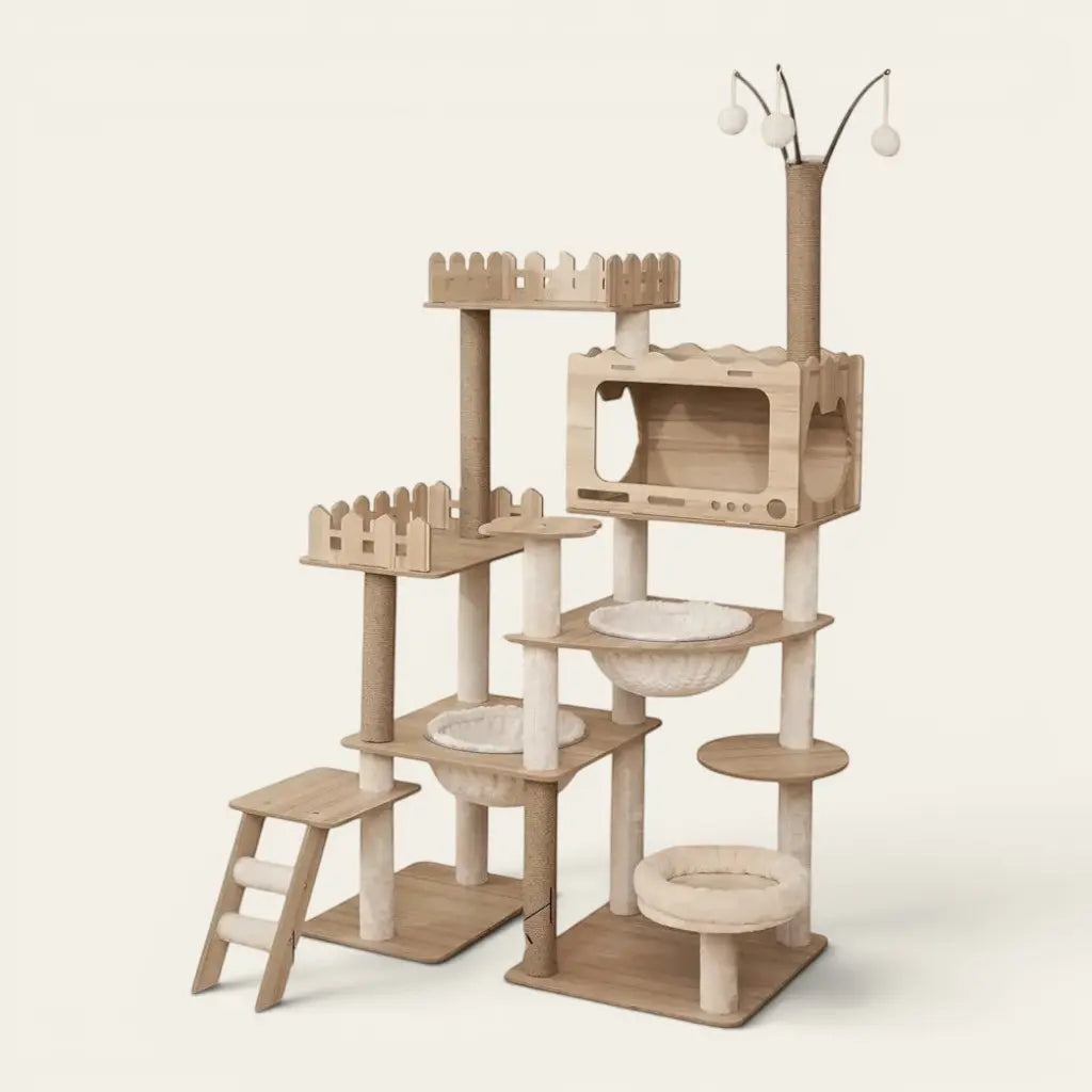 Arbre à chat moderne en bois naturel offrant plusieurs niveaux, plateformes sécurisées, hamacs confortables et cachettes adaptées à tous les chats