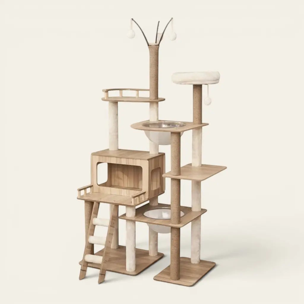 Arbre à chat en bois naturel avec plateformes panoramiques, niches confortables, hamacs suspendus et poteaux en sisal pour jouer, grimper et se reposer