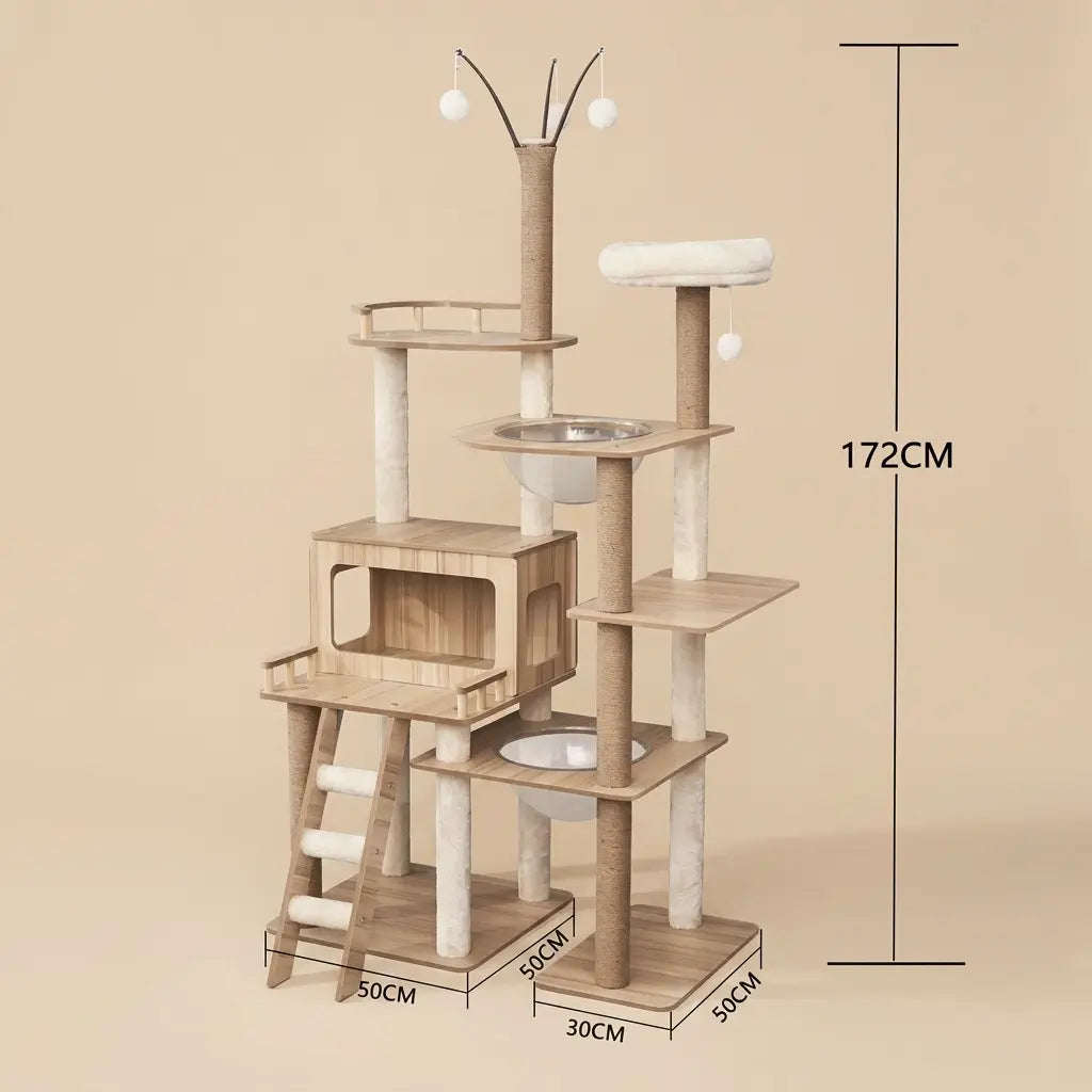 dimensions arbre à chat bois naturel hauteur 172 cm avec niches et plateformes