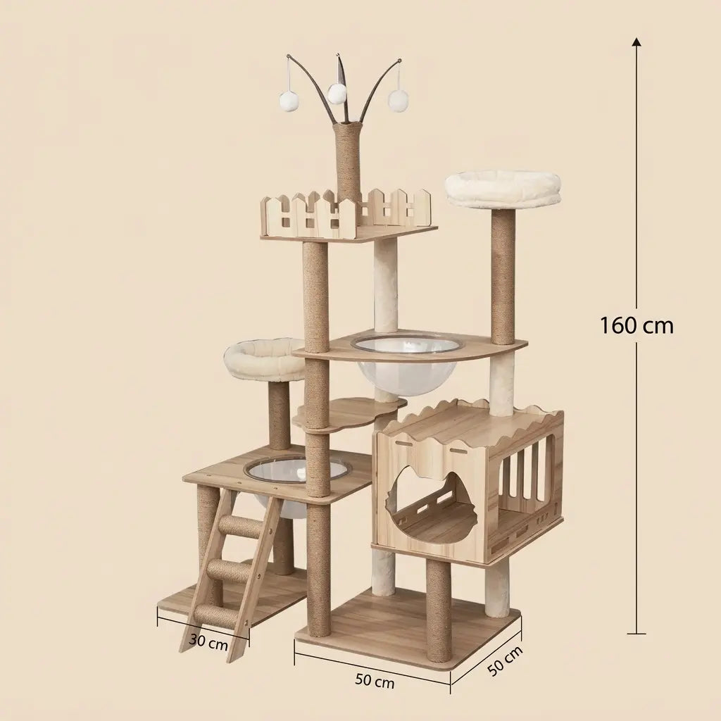arbre à chat bois naturel grand modèle 160 cm avec escaliers et couchages