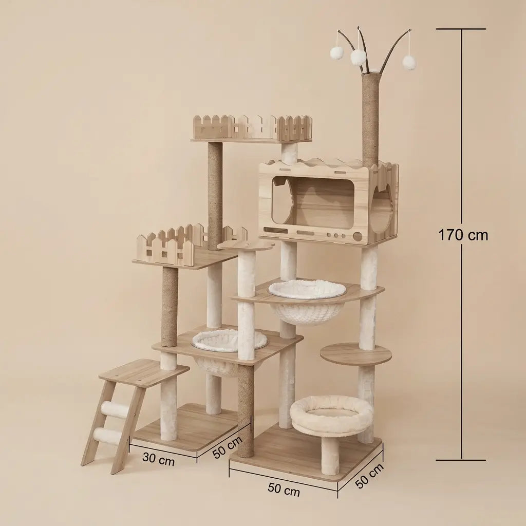 arbre à chat bois naturel multiplateforme 170 cm avec niches et espaces de repos