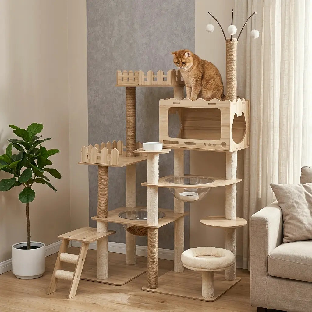 arbre à chat bois naturel avec plateformes sécurisées et espaces de repos pour chat